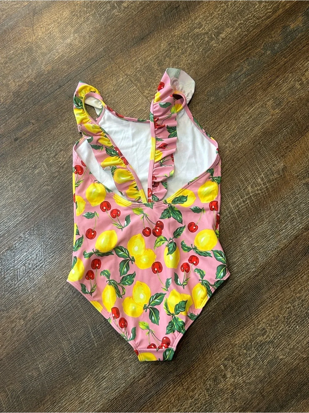 Mini Boden Pink One-Piece Swimsuit with Yellow Lemon & Red Cherry Print 9-10